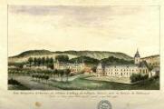 1 vue Vue perspective des derieres des chateau et abbaye de Villequier Aumont prise du hameau de Hattiemont/d'après un dessin fait par Roland arpenteur géomètre au mois d'avril 1793.